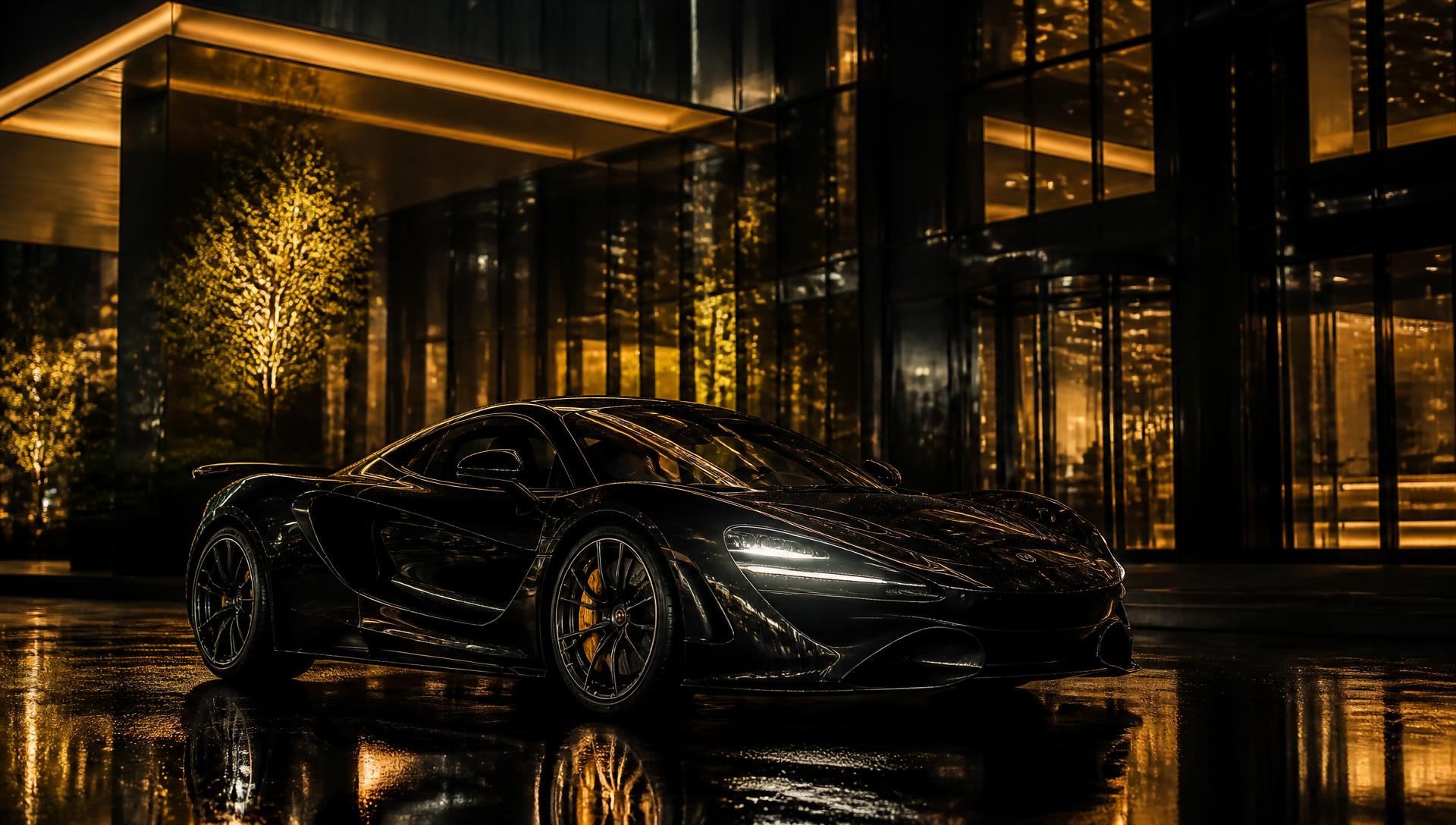 Black sports car parked outside a modern glass office tower at night